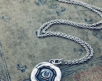 Moon Wax Seal Necklace - Silver Crescent Moon Wax Seal Jewelry - Moon Phase