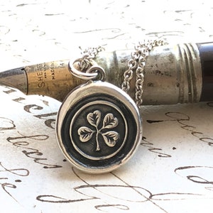 Four Leaf Clover Wax Seal Necklace Sterling Silver Shamrock
