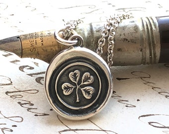 Four Leaf Clover Wax Seal Necklace - Sterling Silver Shamrock Necklace - E2125