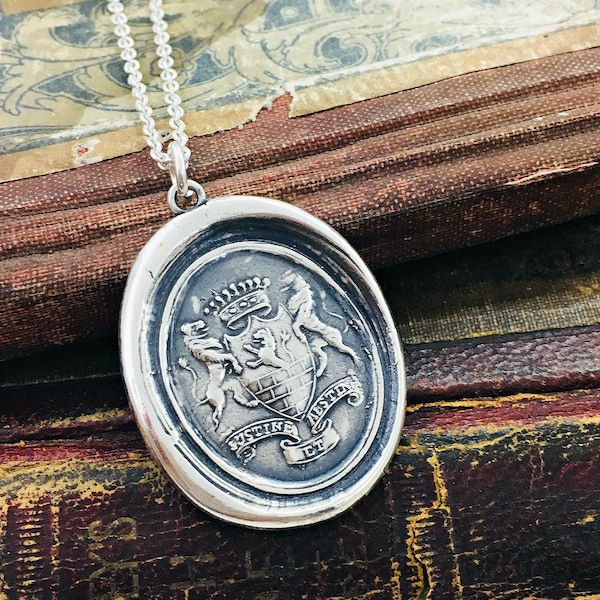 Lion Crest Wax Seal Necklace in Sterling SIlver - Sustine et Abstine - Personalized Gift