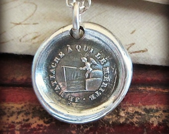 Only the Best Will Do - Sterling Silver French Motto Wax Seal Necklace Pendant - Cupid Charm