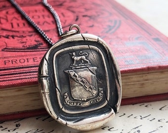 Wolf Wax Seal Crest Necklace - Carpe Diem - Sterling Silver Wax Seal Jewelry - Valor and Courage - Wolf Jewelry