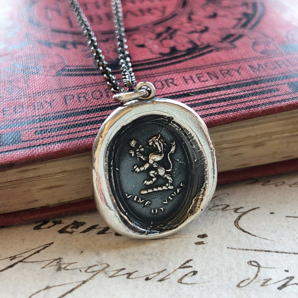 Lion Wax Seal Necklace, Lion and Rose Wax Seal Pendant, Live Life to the Fullest, Vive ut Vivas Latin Jewelry