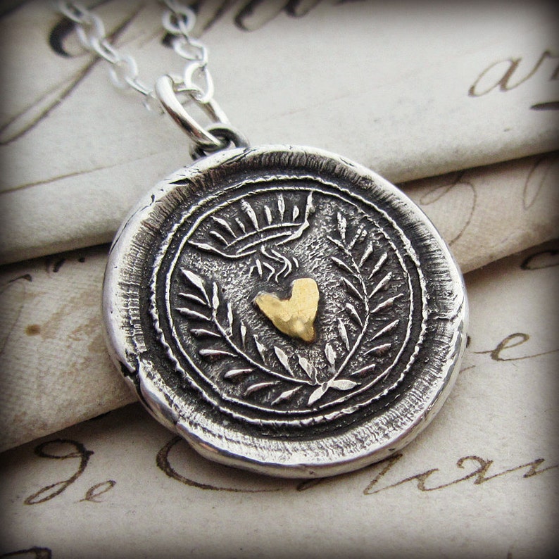 Flaming Heart Wax Seal Necklace Gift for Her Silver and Gold Wax Seal Jewelry Eternal Love and Undying Affection image 2