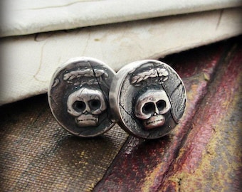 Silver Skull Earrings - Wax Seal Stud Earrings - Skull Jewelry- Skull Post Earrings -Memento Mori Skull Earrings
