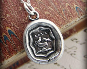 Soulmate Wax Seal Necklace - Sterling Silver Love Birds - Romantic Jewelry