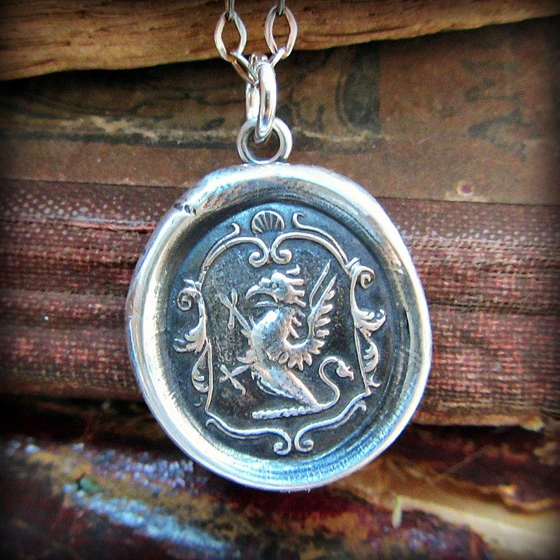 Griffin Crest Wax Seal Pendant Necklace denotes Courage, Perseverance and Watchfulness Wax Seal Jewelry E2141 image 2