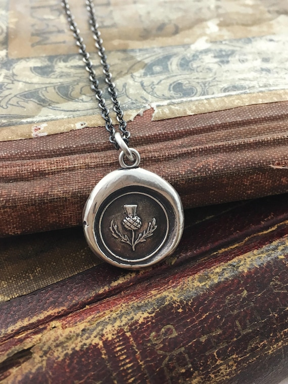Wax Seal Necklace Thistle - Friendship Gift - Scottish Jewelry in sterling silver