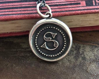 Initial S Necklace - Sterling Silver Wax Seal Pendant Necklace - Wax seal Jewelry Letter Initial Pendant