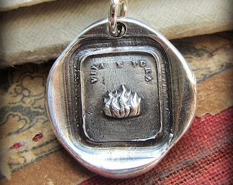 Fire Wax Seal Pendant - live with passion and purpose -  Italian Motto Wax Seal Jewelry in recycled fine silver -IS300