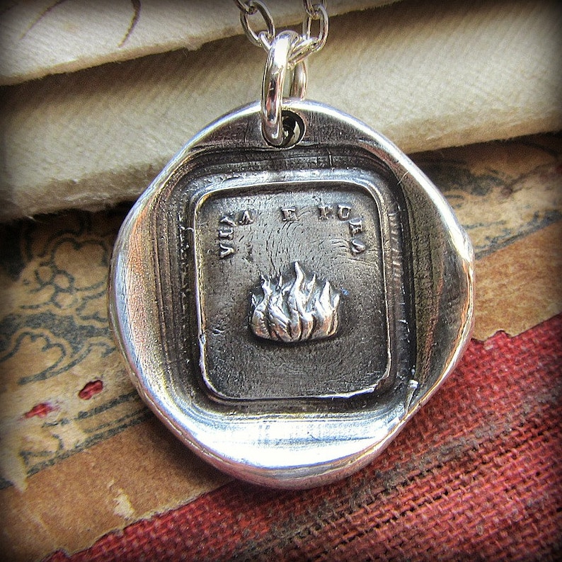 Fire Wax Seal Pendant live with passion and purpose Italian Motto Wax Seal Jewelry in recycled fine silver IS300 image 1