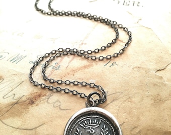 Flaming Heart Necklace, Sterling Silver with 24k Gold Heart, Antique Wax Seal Pendant, Anniversary Gift for Her