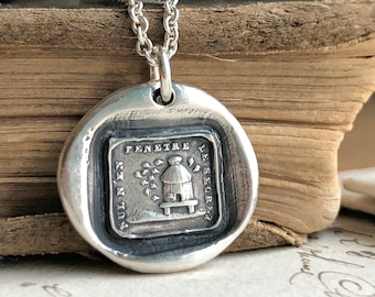 Bee Wax Seal Necklace - My Secrets Are Safeguarded - No One Penetrates My Secrets - French motto Sterling Silver Wax Seal Jewelry