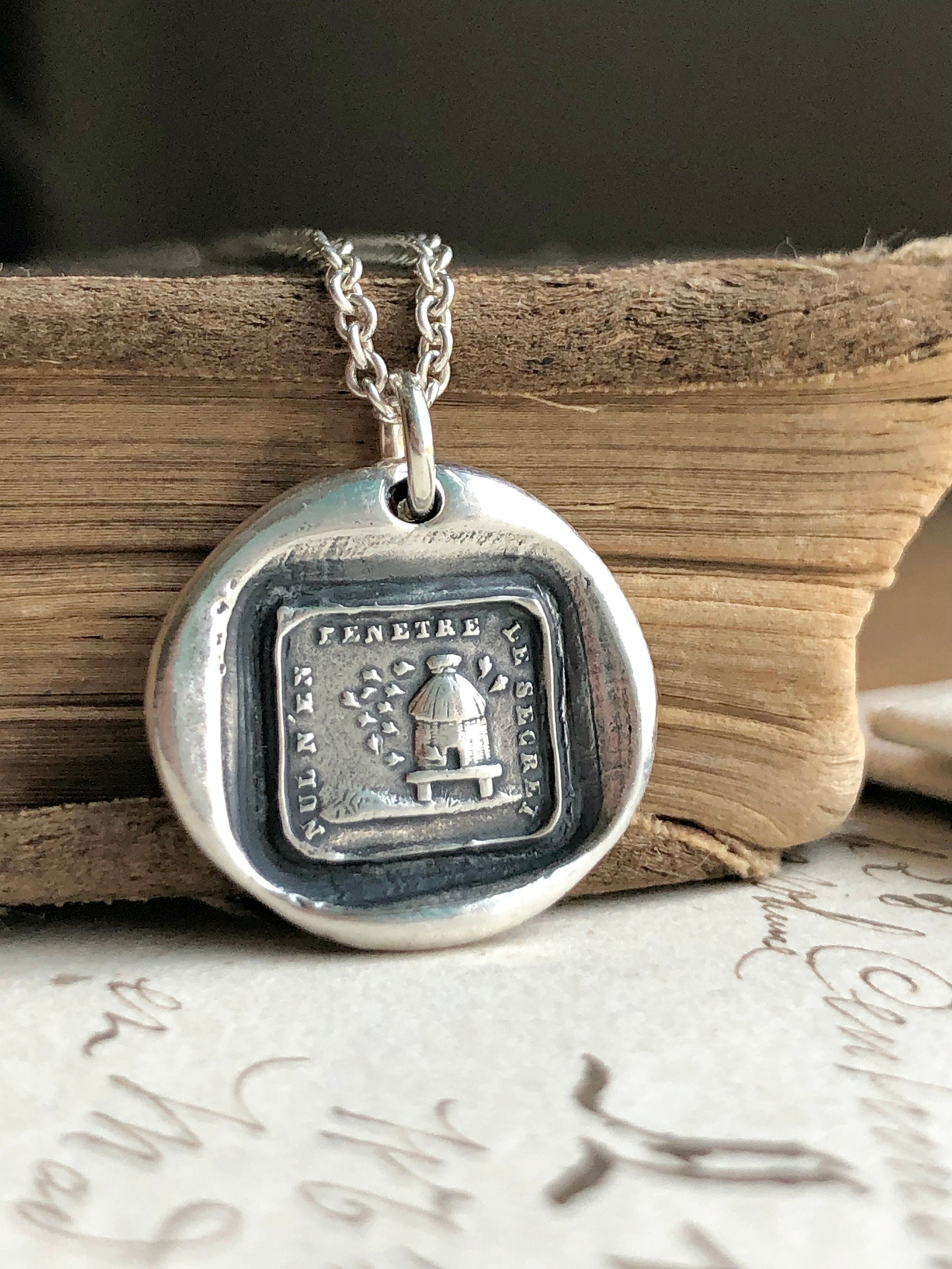 Bee Wax Seal Necklace - My Secrets Are Safeguarded - No One Penetrates My Secrets - French motto Sterling Silver Wax Seal Jewelry