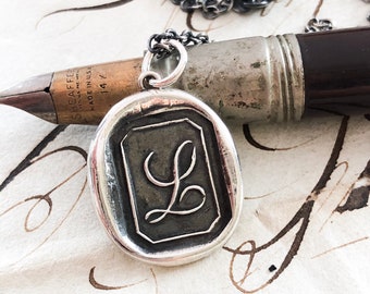 Initial L Necklace - Sterling Silver Wax Seal Pendant Necklace - Wax Seal Jewelry Letter Initial Pendant