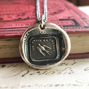 Swallow Wax Seal Necklace - Antique Wax Seal Jewelry in Sterling Silver - Inspirational Jewelry with a Meaningful Message