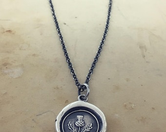 Scottish Thistle Wax Seal Necklace - Outlander Silver Wax Seal Jewelry - Scotland Thistle