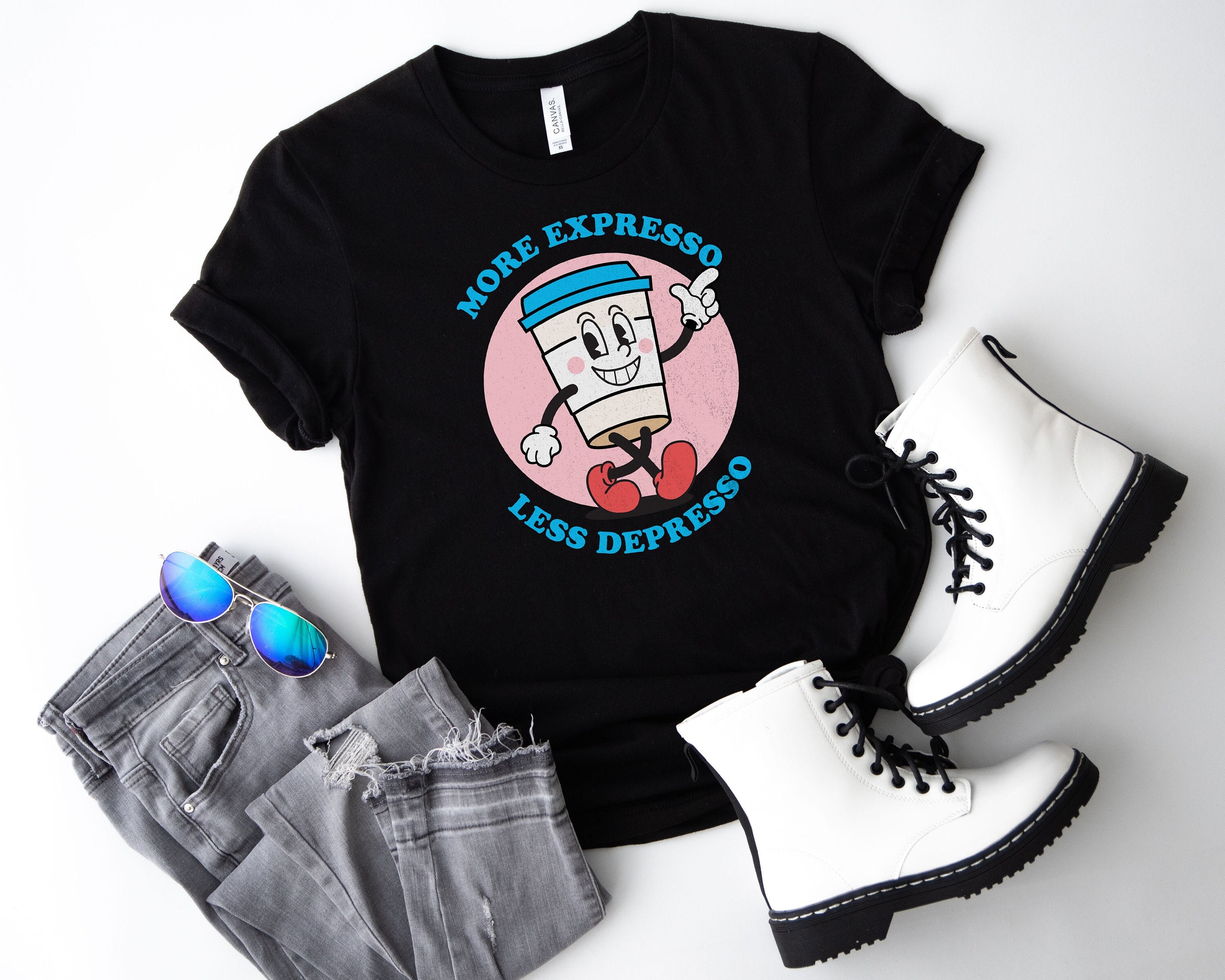 More Expresso, Less Depresso Retro Cartoon Style Camiseta unisex, Camiseta divertida, Camiseta divertida