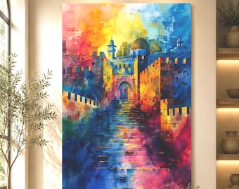 Colorful Jerusalem wall art, Modern Jewish Home Decor, Judaica canvas print, jewish contemporary art for living room decor