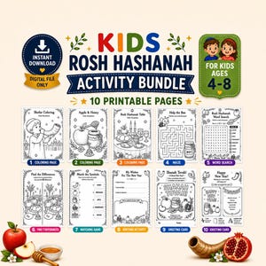 rosh hashanah Kinderaktivitäten Bundle | 10 druckbare Bastelaktivitäten für Kinder | Jüdische Festspiele | Rosh HaSchana zum Ausmalen