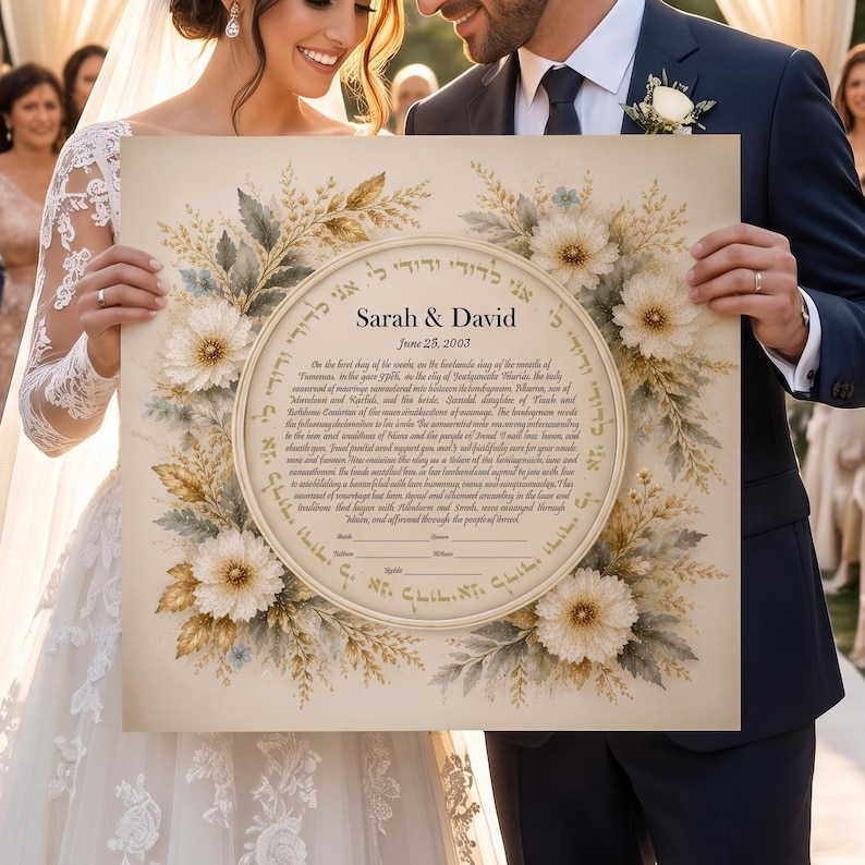 Gold floral ketubah art for a modern Jewish wedding by Tomasio Art