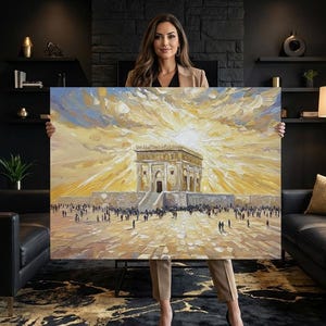 May include: An oil painting depicts a historical building with a large crowd of people in a bright, sunny setting. The artwork features warm yellow and gold tones, with a detailed architectural structure as the focal point. The painting is held up in front of a dark background.