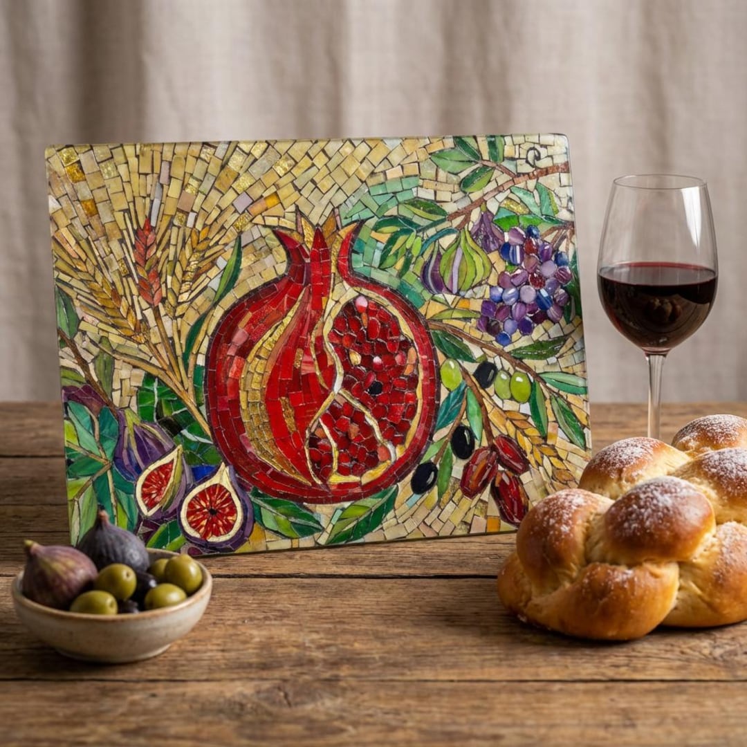pomegranate decor | mosaic tray Glass Challah Board | Seven Species shavuot Decor | shavuot gifts