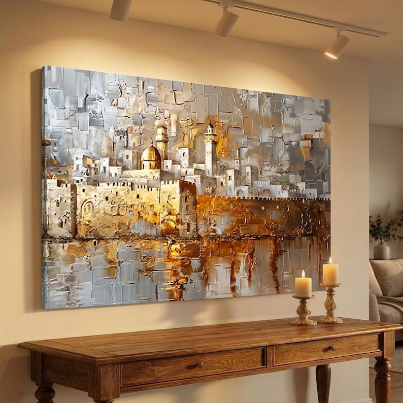 May include: A rectangular canvas wall art piece featuring a textured, impasto-style painting of a city skyline with a prominent golden dome and tower. The color palette consists of metallic gold, silver, white, and gray tones with thick paint strokes.