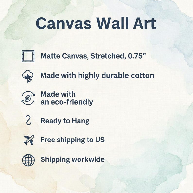 May include: Canvas Wall Art information graphic with dark blue text on a light background. Features include matte stretched canvas with a 0.75 inch depth, durable cotton material, eco-friendly construction, and a ready to hang design.