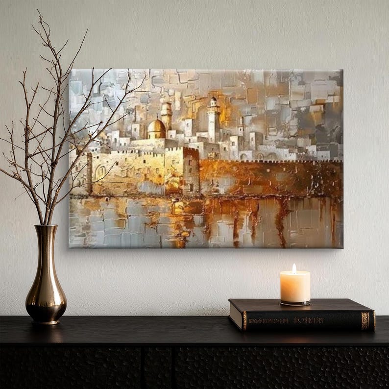 May include: A rectangular canvas wall art piece featuring an abstract oil painting of a city with a golden dome and stone walls. The artwork uses a palette of gold, white, gray, and brown tones with thick, textured brushstrokes and palette knife marks.