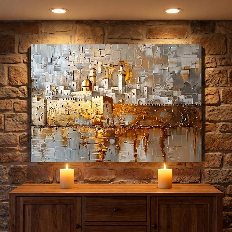 May include: A rectangular wall art piece featuring an abstract, textured oil painting of a city skyline with a prominent golden dome and towers. The color palette consists of metallic gold, white, and shades of gray, applied with thick brushstrokes.