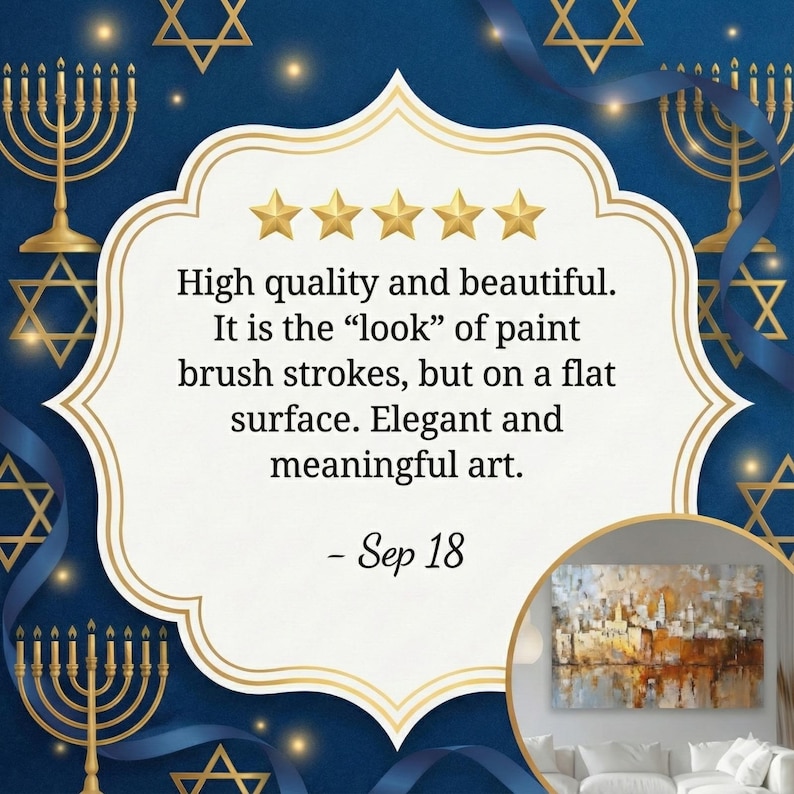 May include: A customer review graphic featuring five gold stars and the text: High quality and beautiful. It is the look of paint brush strokes, but on a flat surface. Elegant and meaningful art. - Sep 18. Includes a small inset image of a painting.
