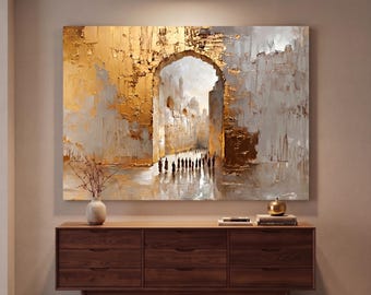Large jerusalem wall art | jewish housewarming gift | Gold Judaica artwork | support israel | jewish contemporary art for living room decor