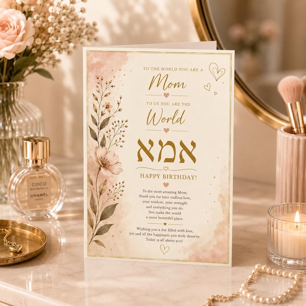 Jewish Mother Birthday Card Printable | Hebrew Card | Elegant Happy Birthday Card for Jewish Mom | Jewish Mother Gifts