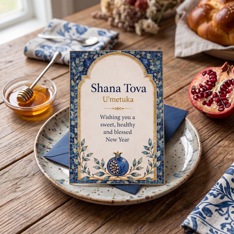 Printable Rosh Hashanah Cards | Blue Pomegranate Jewish New Year ...