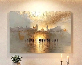 Gold Jerusalem Canvas Art, Jewish Home Decor, Judaica Art, historic israel art