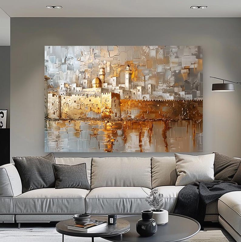 May include: A textured oil painting on canvas depicting a city skyline with a prominent golden dome and stone walls. The artwork features thick impasto brushstrokes in shades of gold, white, gray, and brown, creating a reflective effect on the lower portion.