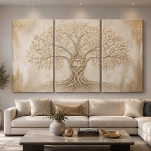 May include: A three-panel wall art set featuring a textured gold and cream tree of life design. The central panel displays a Star of David containing the Hebrew letter Chet. The artwork uses metallic gold paint and raised textures on a neutral background.