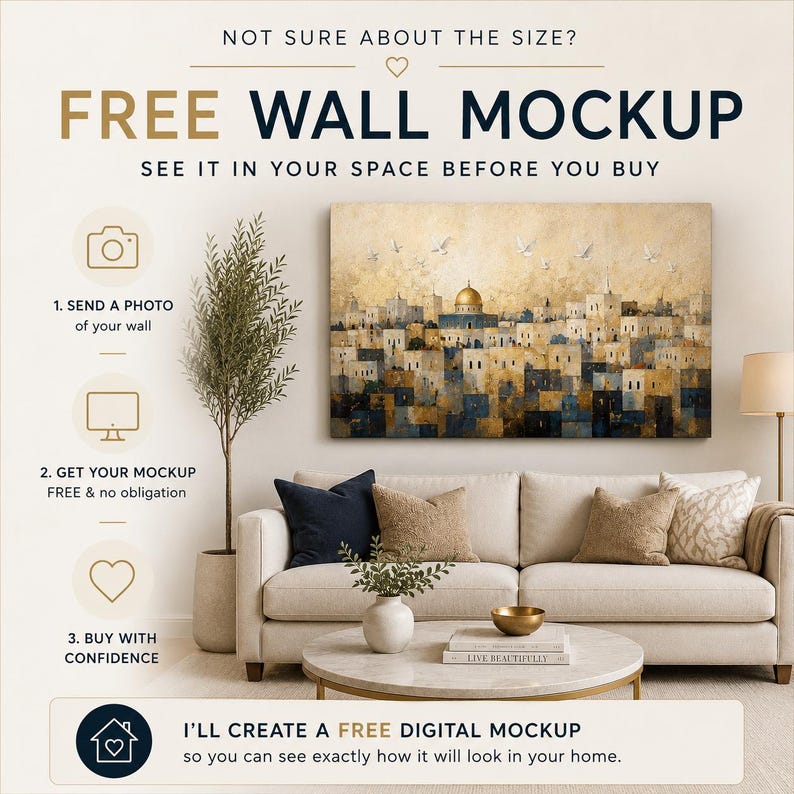 May include: A promotional graphic for a free wall mockup service featuring a painting of a city with a golden dome above a beige sofa. Text includes: NOT SURE ABOUT THE SIZE? FREE WALL MOCKUP, SEE IT IN YOUR SPACE BEFORE YOU BUY, and I'LL CREATE A FREE DIGITAL MOCKUP.