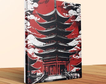 Impression d'art pagode japonaise, style encre rouge et noire, décoration murale architecture asiatique traditionnelle, ciel dramatique