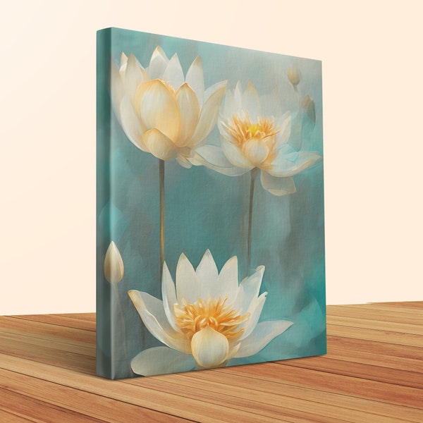 Tranquil Lotus Flowers Canvas Print, Serene Waterlily Wall Art, Zen Home Decor, Large Floral Artwork, Peaceful Nature Inspired Design