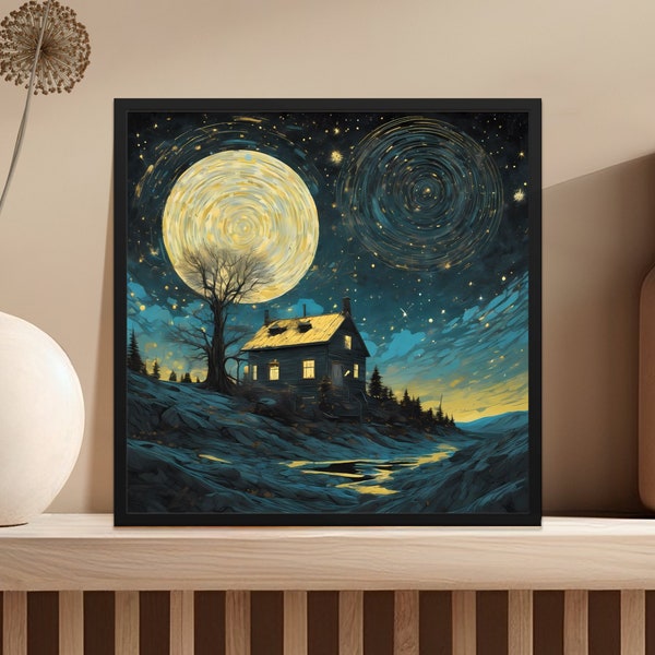 Mystical Night Sky Wall Art, Swirling Stars Over Cottage, Nature Landscape, Large Moon Print, Home Decor