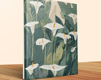 Botanischer Kunstdruck, Wanddekoration mit Calla-Lilie und tropischen Blättern, Naturillustration in sanften Tönen