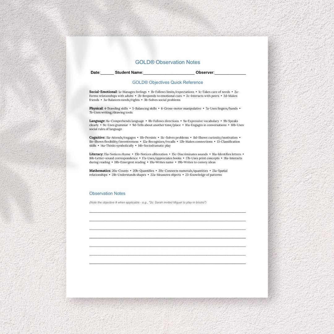 Quick Observation Notes GOLD Assessment Observation Form | Quick Reference & Notes Template - Etsy