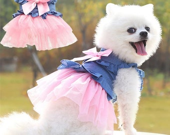 Vêtements d'été pour chien robes en jean pour petits chiens poméranie chihuahua chiot chaton jupe robe de princesse rose vêtements pour filles