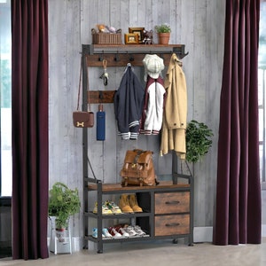 Entryway Bench with Coat Rack - Freestanding 5 In 1 Intelligent Design Shoe Bench and Wall Rack, 17 Hooks and Drawers
