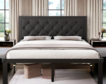 Metal Bed Frame - Faux Leather Platform Bed Frame with Button Tufted Headboard, Underbed Space, Steel Slats Support, Easy Assembly