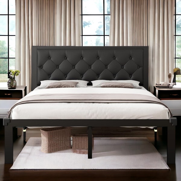 Metal Bed Frame - Faux Leather Platform Bed Frame with Button Tufted Headboard, Underbed Space, Steel Slats Support, Easy Assembly