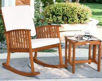 Rocking Chair with Table - Acacia Wood Patio Bistro Set, Porch Rocker with Thick Cushion of Detachable Cover, Porch Rocking Chair Table Set