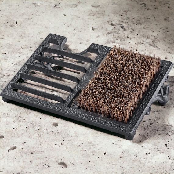 Shoe Scraper Mat - Heavy Duty Cast Iron, Vintage Rustic Black with Angled Boot Dirt Cleaner Brush